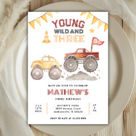 Invitación Young Wild And Three Monster Truck 3rd Birthday
