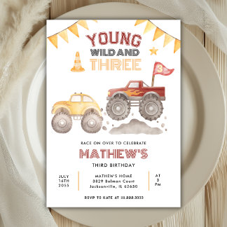 Invitación Young Wild And Three Monster Truck 3rd Birthday