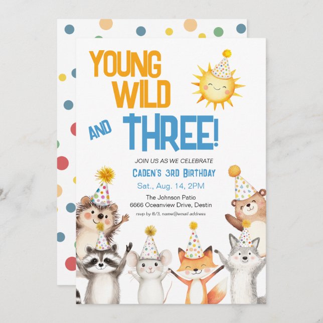 Invitación Young Wild Forest Animals Party Hats 3rd Birthday (Anverso / Reverso)