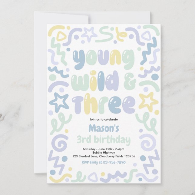 Invitación Young Wild & Three Confetti Balloon 3rd Birthday  (Anverso)