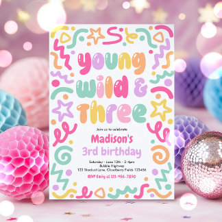 Invitación Young Wild & Three Confetti Balloon 3rd Birthday 