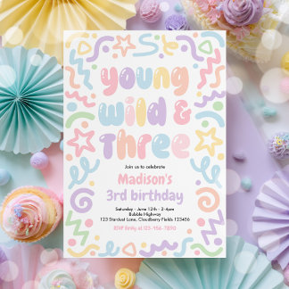 Invitación Young Wild & Three Confetti Balloon 3rd Birthday 