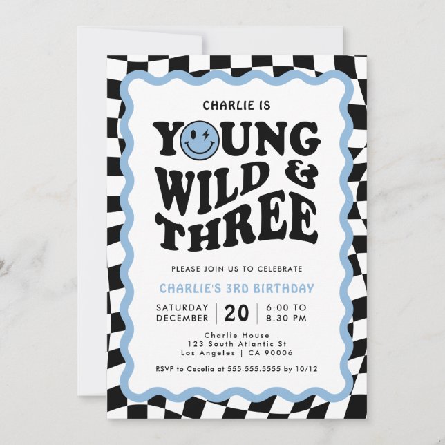 Invitación Young Wild & Three | Cumpleaños 3 de Blue Face Boy (Anverso)