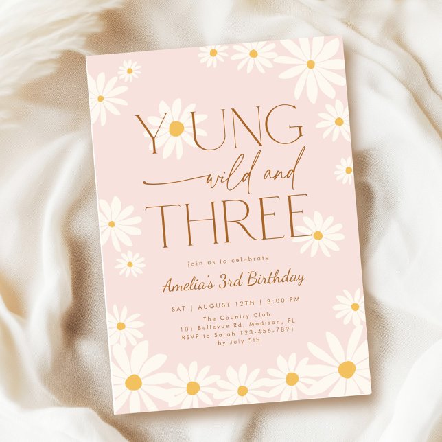 Invitación Young Wild Three Daisy Floral 3rd Birthday (Subido por el creador)