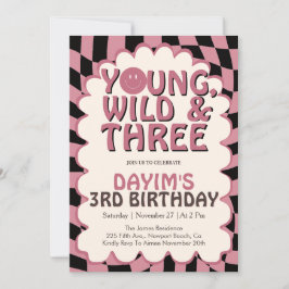 Invitación Young Wild & Three Pink Retro Girl 3rd Birthday
