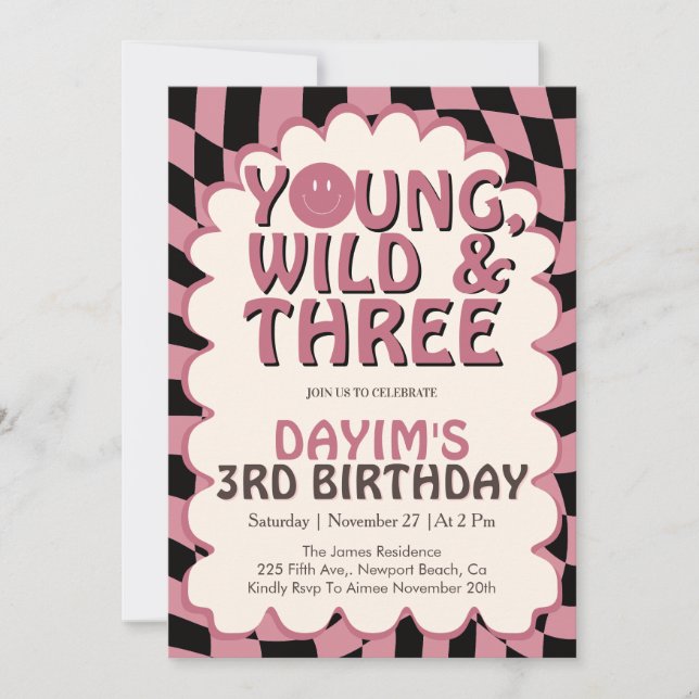 Invitación Young Wild & Three Pink Retro Girl 3rd Birthday (Anverso)
