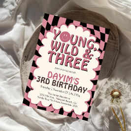 Invitación Young Wild & Three Pink Retro Girl 3rd Birthday