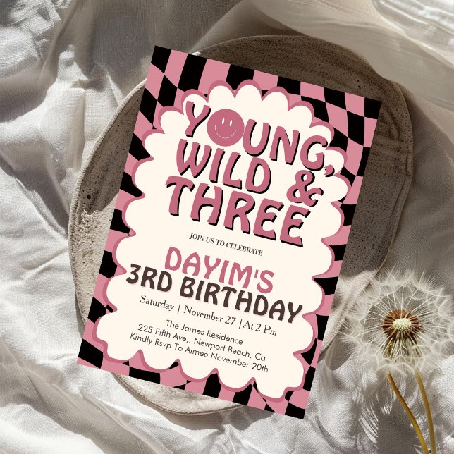 Invitación Young Wild & Three Pink Retro Girl 3rd Birthday (Subido por el creador)
