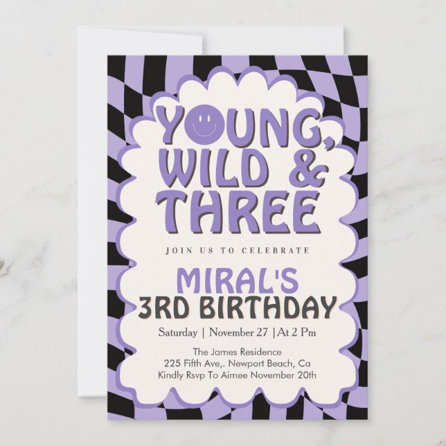 Invitación Young Wild & Three Purple Retro Girl 3rd Birthday (Anverso)