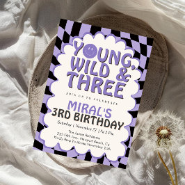 Invitación Young Wild & Three Purple Retro Girl 3rd Birthday