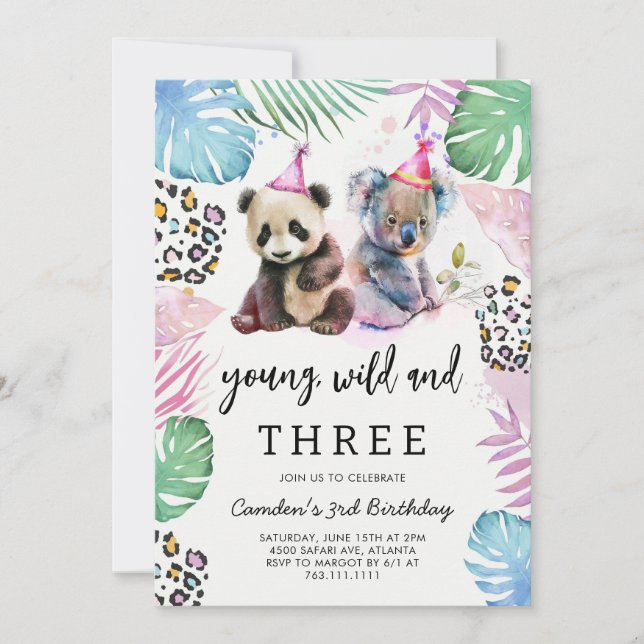 Invitación Young Wild & Three Safari Animals Birthday  (Anverso)
