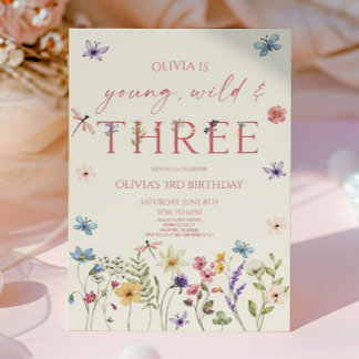 Invitación Young Wild & Three Wildflower 3rd Birthday Party