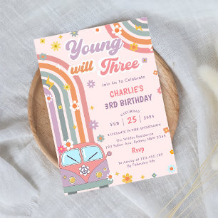Invitación Young Will Three Groovy Retro Daisy 3er cumpleaños