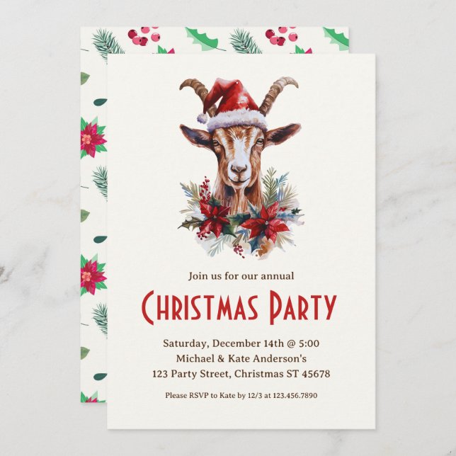 Invitación Yule Goat en Santa Hat Farm Animal Navidad Fiesta (Anverso / Reverso)