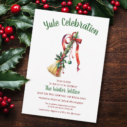 Invitación Yule Winter Solstice Witch Broom Holly Besom