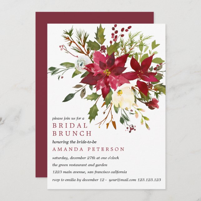 Invitación Yuletide| PoinsettiaBouquet Boda Bridal Brunch (Anverso / Reverso)