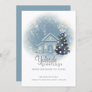 Invitación Yuletide Saludos Navidades Cabaña y Árbol
