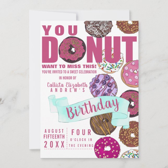 Invitación Yummy Cute Rosa Donuts Verde azulados acuarela Cum (Anverso)
