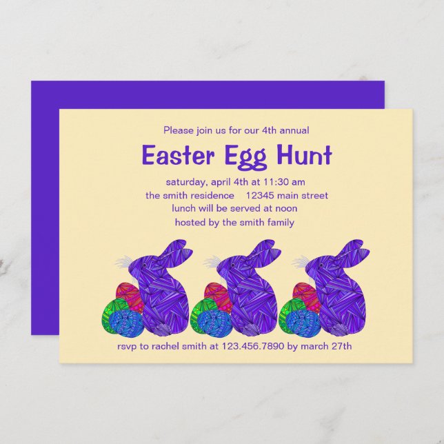Invitación Z Purple Easter Bunny Easter Egg Hunt Fiesta (Anverso / Reverso)