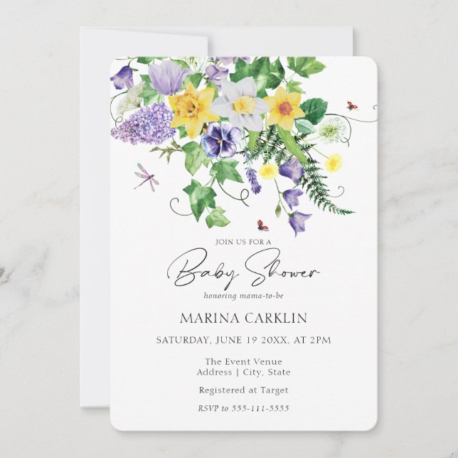 Invitación Zafatras de primavera, flores silvestres y Baby Sh (Anverso)