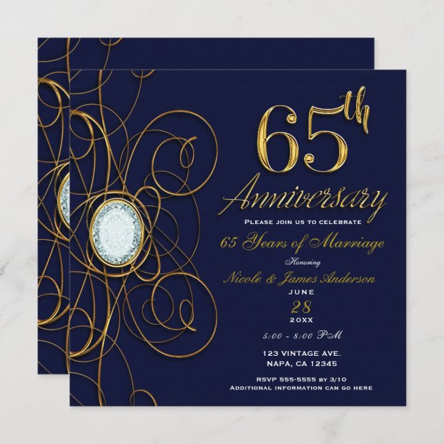 Invitación Zafiro Azul y Diamante de Oro 65 Aniversario 65 (Anverso / Reverso)