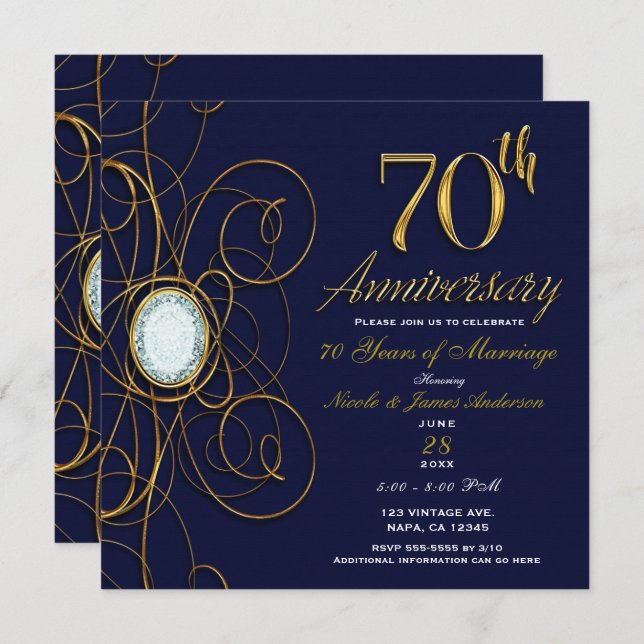 Invitación Zafiro Azul y Diamante de Oro 70 Aniversario 70 (Anverso / Reverso)