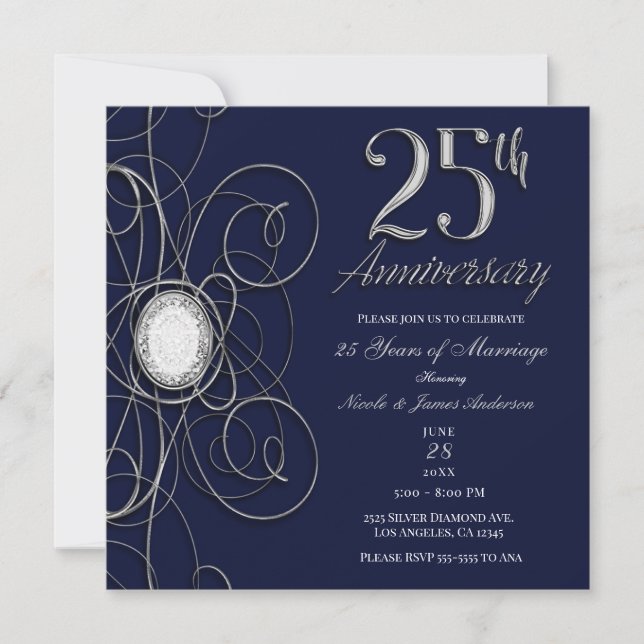 Invitación Zafiro Azul y Diamante de Plata 25 Aniversario 25 (Anverso)