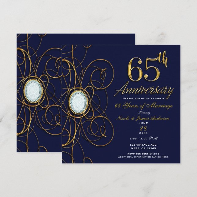 Invitación Zafiro azul y diamante dorado 65 65º aniversario (Anverso / Reverso)