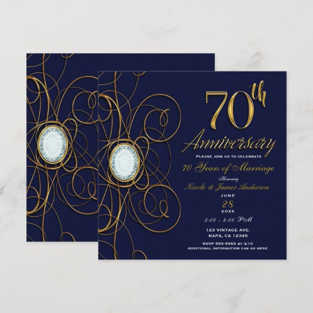 Invitación Zafiro Azul y Diamante Dorado 70 Aniversario 70 (Anverso / Reverso)
