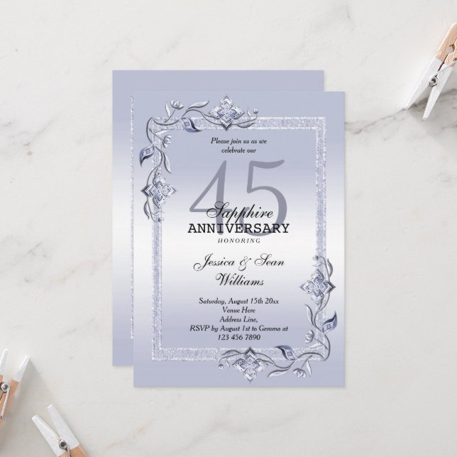 Invitación Zafiro Joya y Brillo 45 Aniversario de Bodas (Anverso/Reverso In Situ)