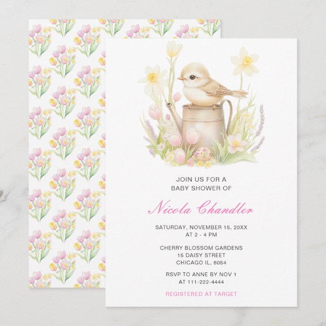 Invitación Zapatilla de pájaros de primavera puede Baby Showe (Anverso / Reverso)