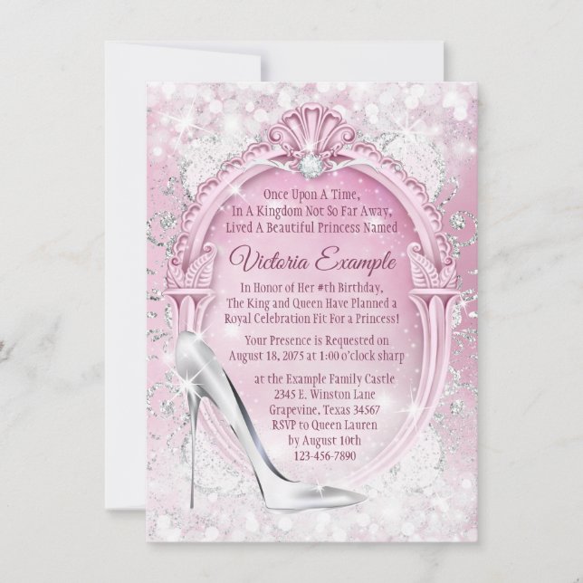Invitación Zapatilla de vidrio rosa Cinderella Quinceanera (Anverso)