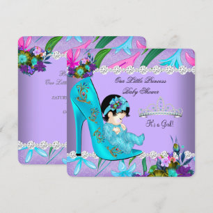 Invitación Zapatilla Floral Morado Turquesa para Shower de Ni