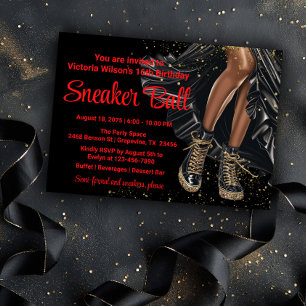 Invitación Zapatillas Rojas Negras Doradas Bola de Zapatillas