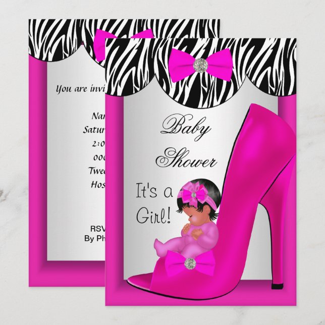 Invitación Zapatito étnico rosa caliente para bebé niña 2E (Anverso / Reverso)