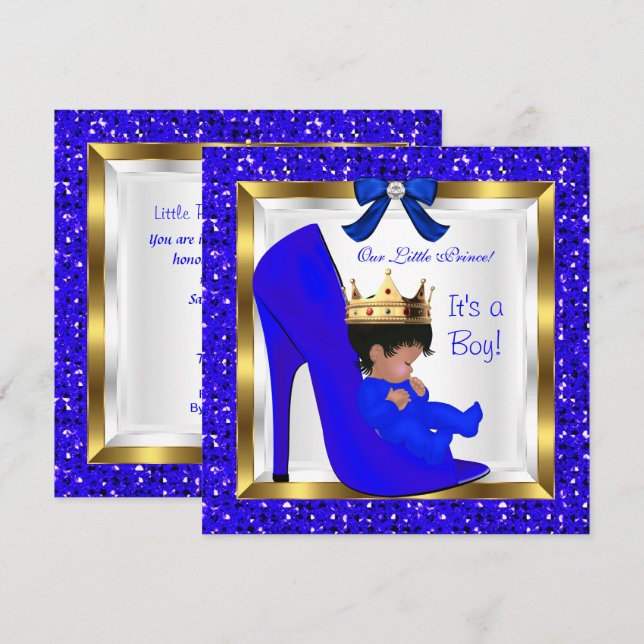 Invitación Zapato azul real de Baby Shower Cute Boy Prince (Anverso / Reverso)