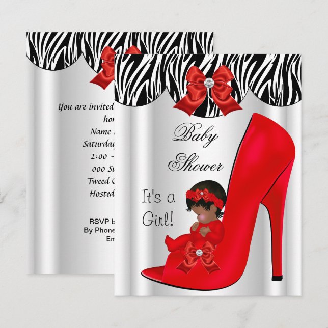 Invitación Zapato de bebé rojo, Chica afroamericano de Baby S (Anverso / Reverso)