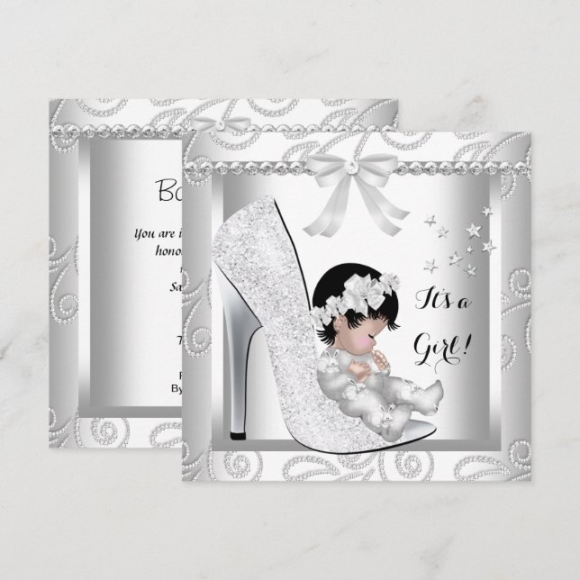 Invitación Zapato de diamante blanco gris Chica de Baby Showe (Anverso / Reverso)