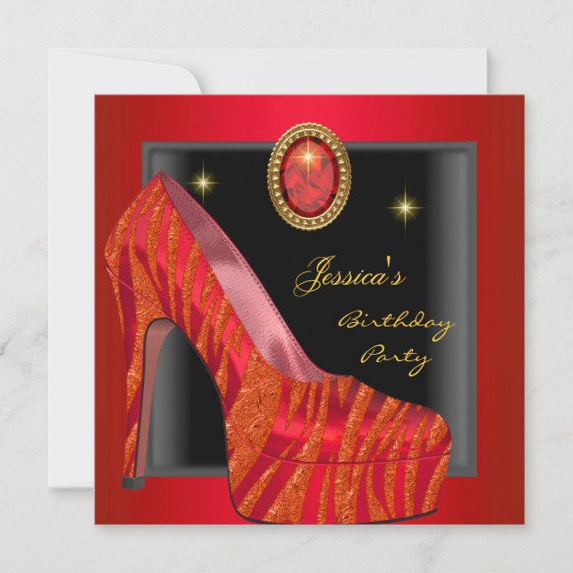 Invitación Zapato de fiesta de cumpleaños dorado rojo negro c (Anverso)