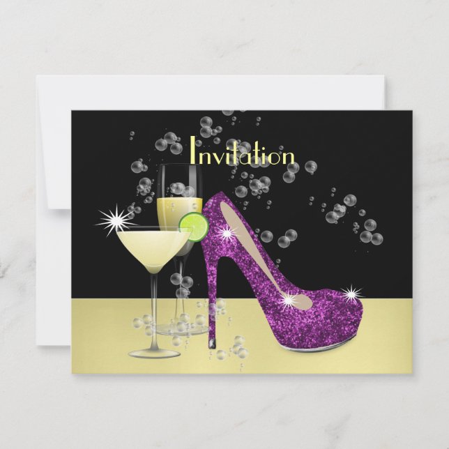 Invitación Zapato de glitzy de oro morado (Anverso)