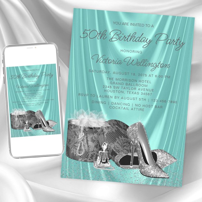Invitación Zapato de mujer azul turquesa y plata Cumpleaños c (Womans teal silver any birthday invitation. Instant download and printed invitations available.)