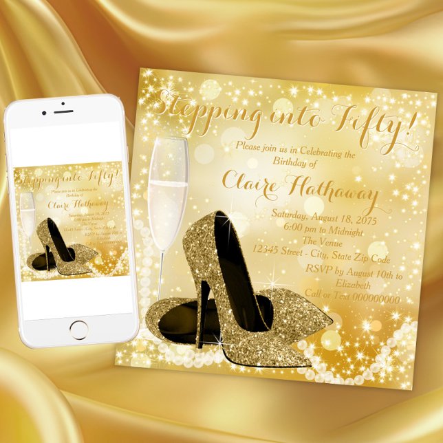 Invitación Zapato de oro Cualquier número pasa a la fiesta de (Elegant gold any occasion invitation. Instant download and printed invitations available.)