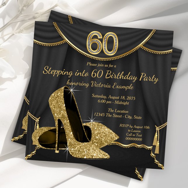 Invitación Zapato de oro negro entrando en la fiesta de cumpl (Woman stepping into 60 high birthday party invitation with gold high heel shoes. )
