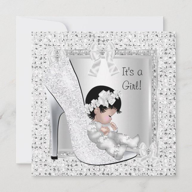 Invitación Zapato de Purpurina blanco plateado Chica Baby Sho (Anverso)