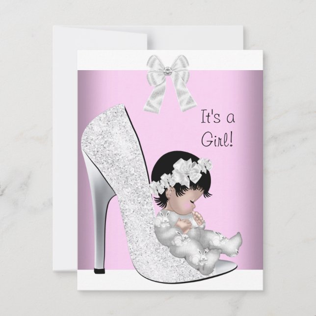 Invitación Zapato de Purpurina blanco rosado Chica Baby Showe (Anverso)