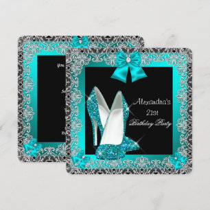 Invitación Zapato de tacón alto brillo azul teal para cumplea