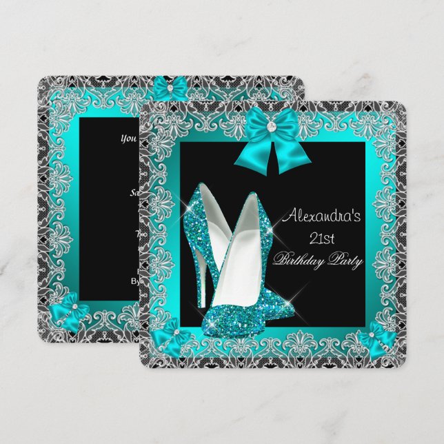 Invitación Zapato de tacón alto de brillo azul teal para cump (Anverso / Reverso)