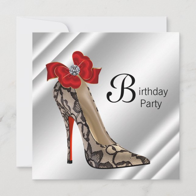 Invitación Zapato de tacón alto de cumpleaños rojo negro (Anverso)