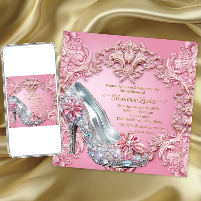 Invitación Zapato de tacón alto de diamante rosado de Quincea (Quiceanera and any event invitation. Instant download and printed invitations available.)