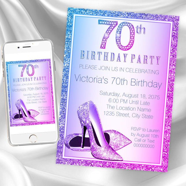 Invitación Zapato de tacón alto de mujer cumpleaños 70 (Womans 70th birthday party invitation. Instant download and printed invitations available.)